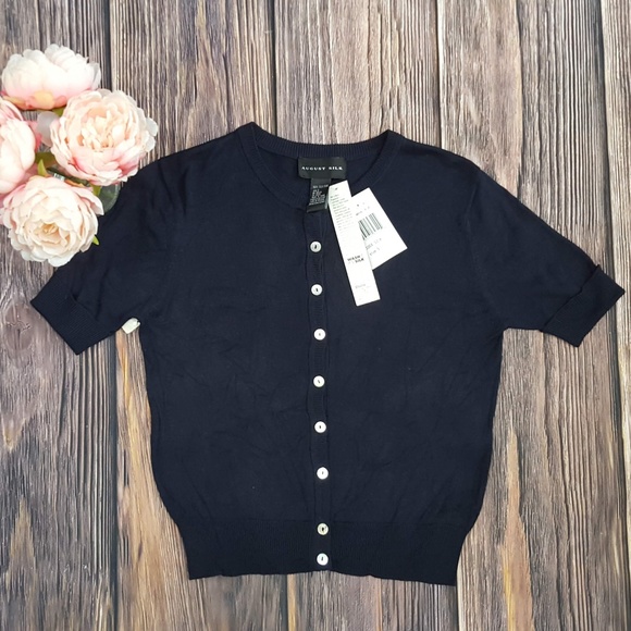 august silk Sweaters - August Silk, 100% Silk Cardigan, Navy Blue, Small